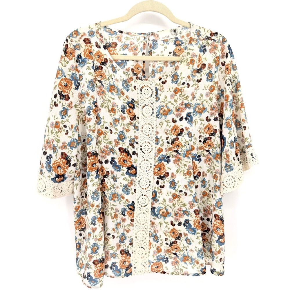 EVERLEIGH‎ Multicolor Floral Embroidered 3/4 Sleeve Boho Top XL Cottagecore